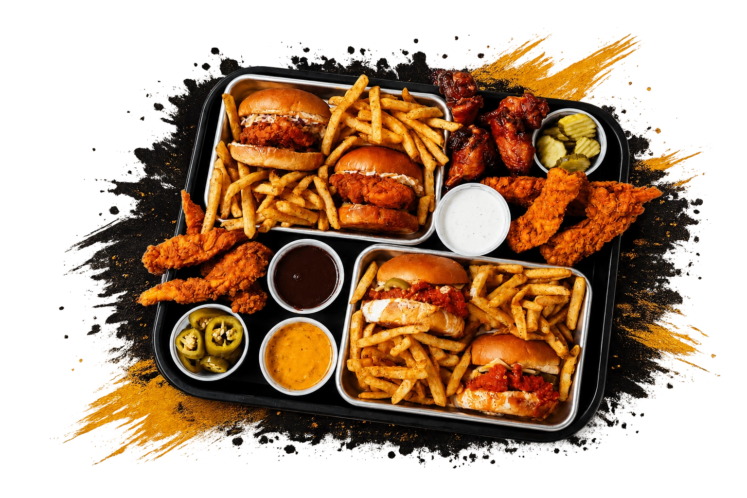 Cocky Rooster catering trays with sandwiches, wings, fries and sauces